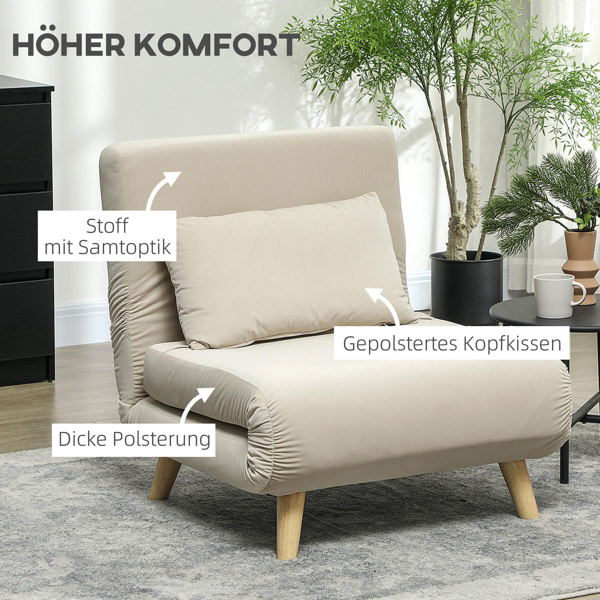 SCHLAFSESSEL, Klappsessel mit Bettfunktion, bis 120 kg belastbar, Beige - Beige/Naturfarben, Holz/Textil (78/79/72cm) - HOMCOM