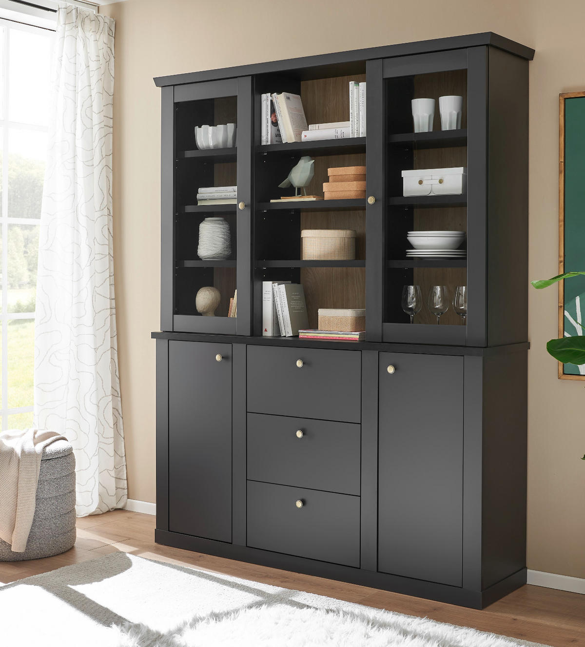 BUFFET schwarz matt, Eiche 158 cm, Buffetschrank Landhaus mit Soft-Close - Eichefarben/Messingfarben, Glas/Holzwerkstoff (158/201/42cm) - Furn.Design