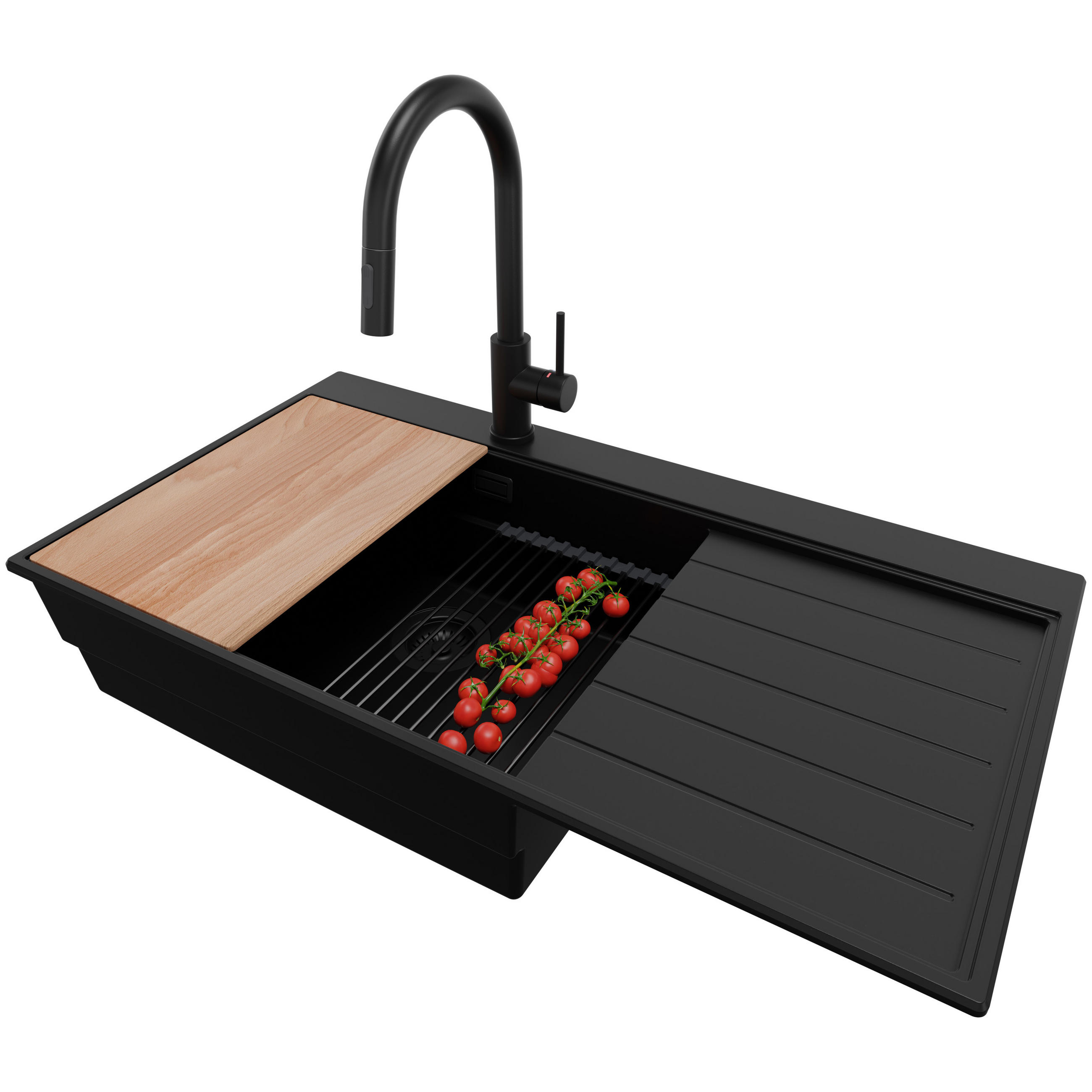 GRANITSPÜLE Sydney, 2-er set Alles Schwarz 90/50 cm 1 Becken + Küchenarmatur 40/20 cm + Ablauf-Set + Küchenzubehörset ab 60er Unterschrank - Beige/Schwarz, Kunststoff (90/20/50cm) - Primagran