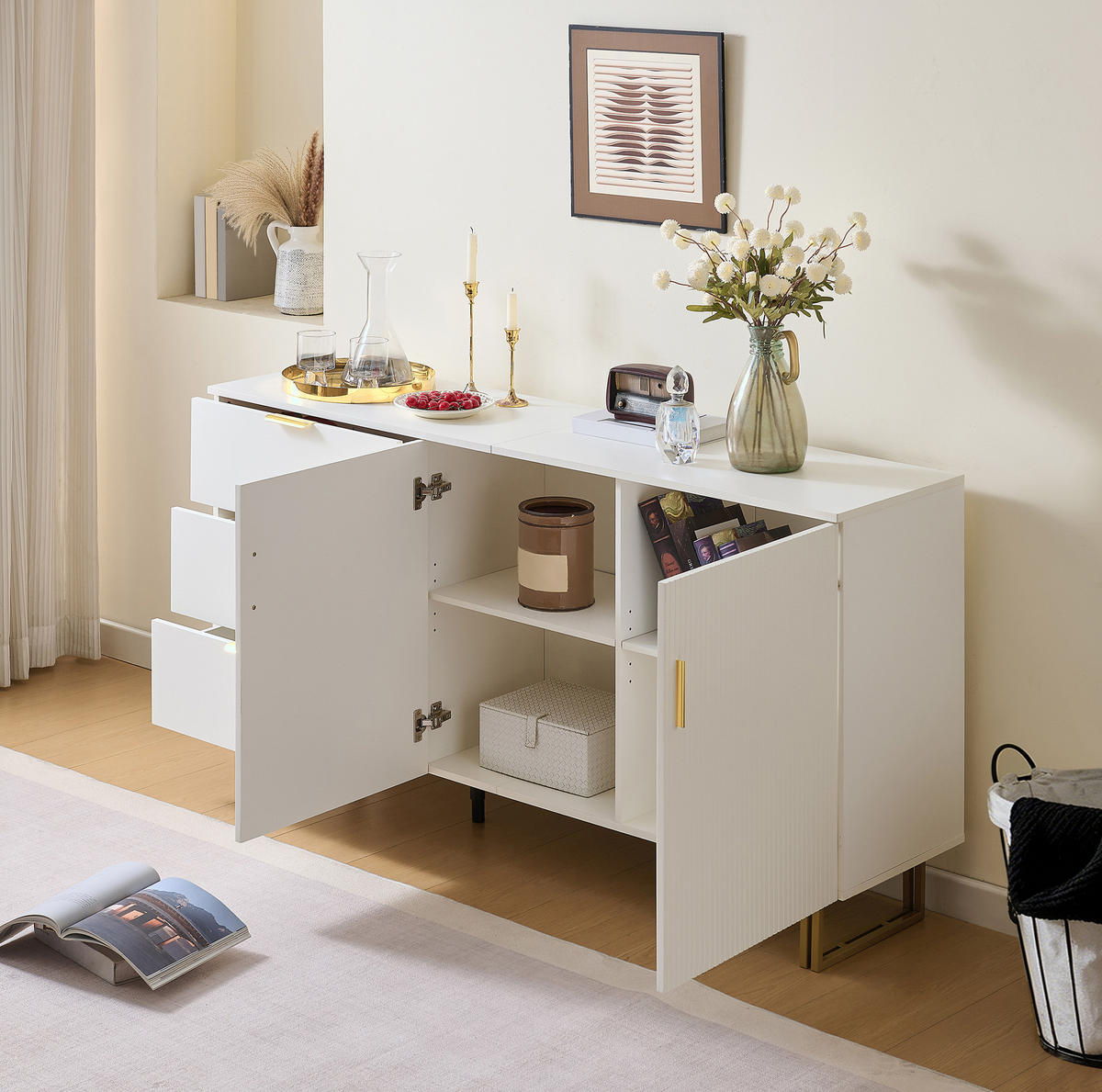 SIDEBOARD 160/40/81,5 cm Weiß aus MDF mit 3 Schubladen und 2 Türen - Weiß, Holzwerkstoff (40/81.5/160cm) - OKWISH