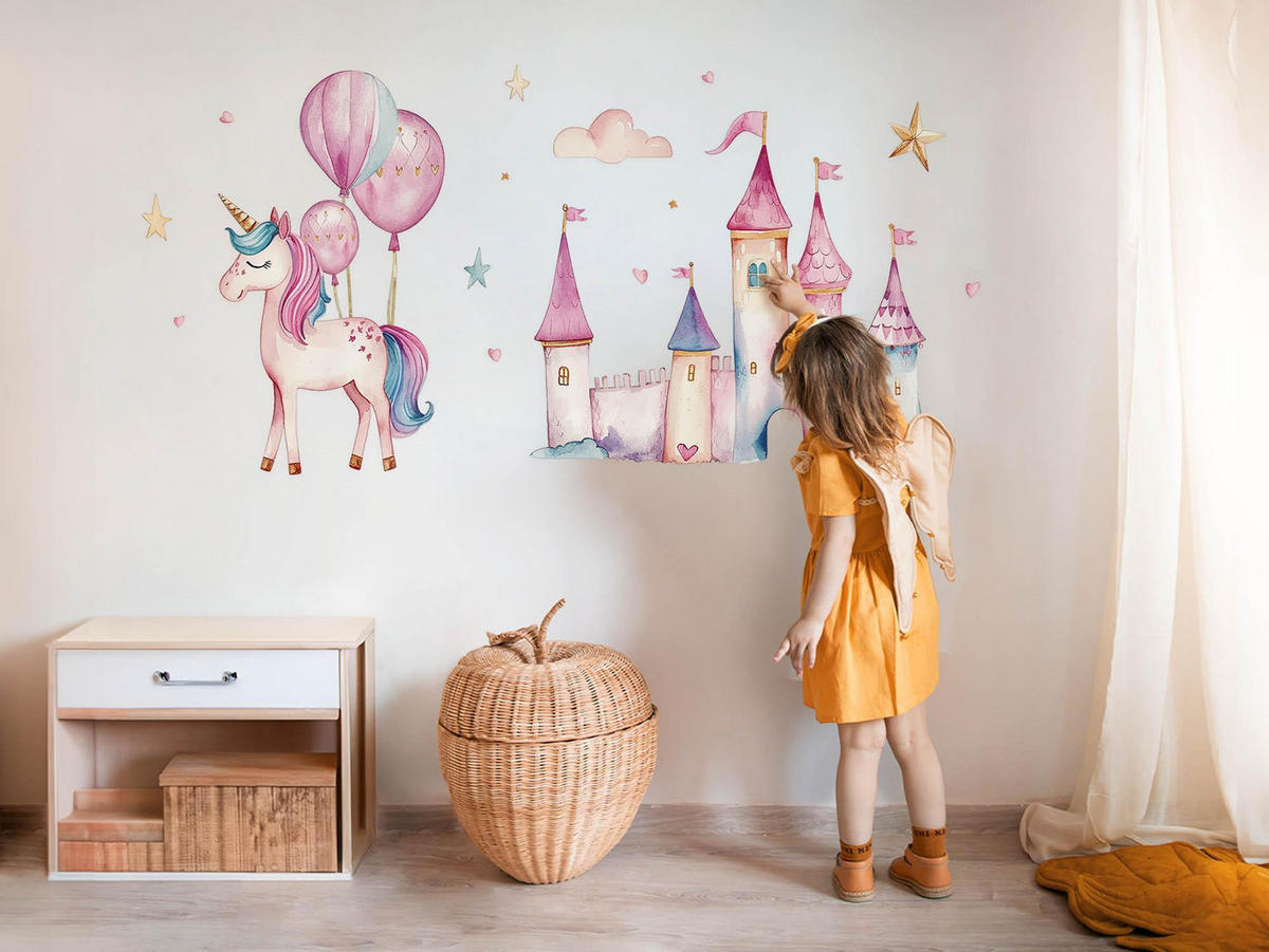 WANDAUFKLEBER 130x178cm - Einhornschloss - Multicolor, Kunststoff (130/178/0.1cm) - Wallfluent