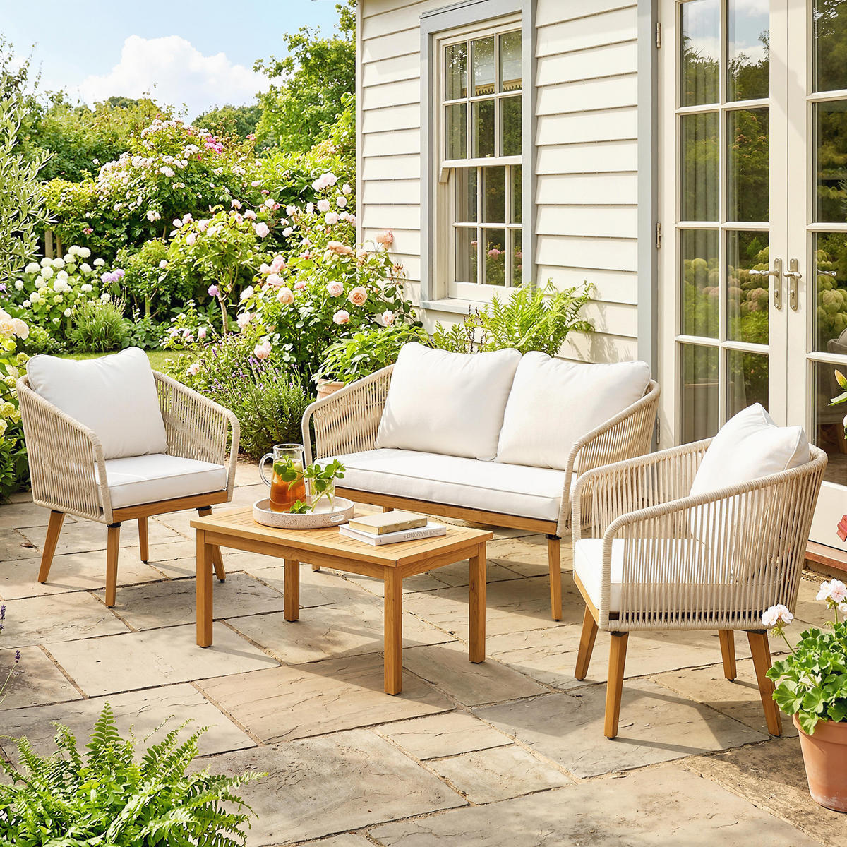 RATTAN-GARTENMÖBEL-SET 4er Set PP-Rattan Stahl Cremeweiß - Creme/Akaziefarben, Kunststoff/Textil - Outsunny