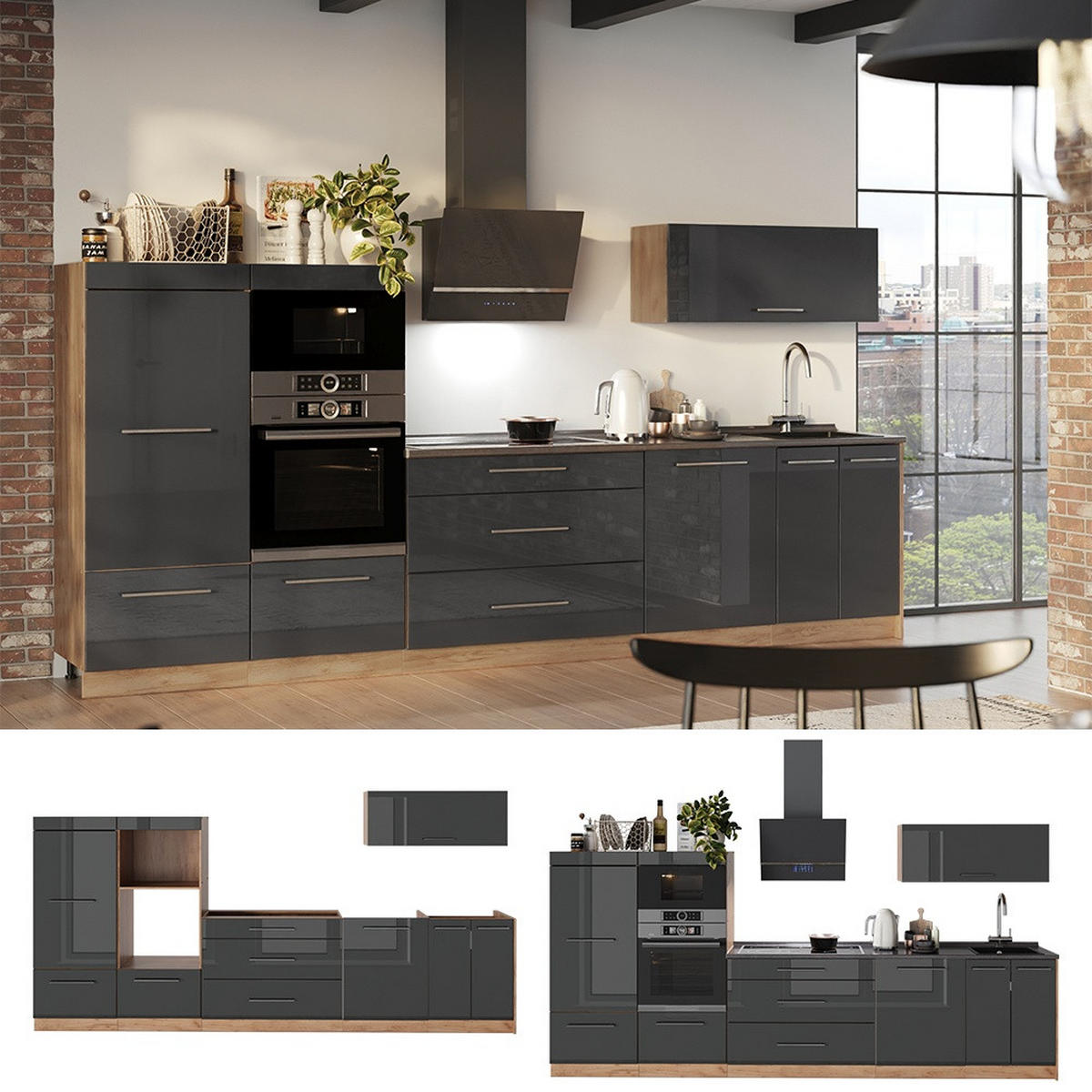KÜCHENZEILE Fame-Line, Anthrazit Hochglanz/Goldkraft Eiche, 340 cm, AP Marmor - Eichefarben/Anthrazit, Holzwerkstoff (340/153.6/60cm) - Vicco