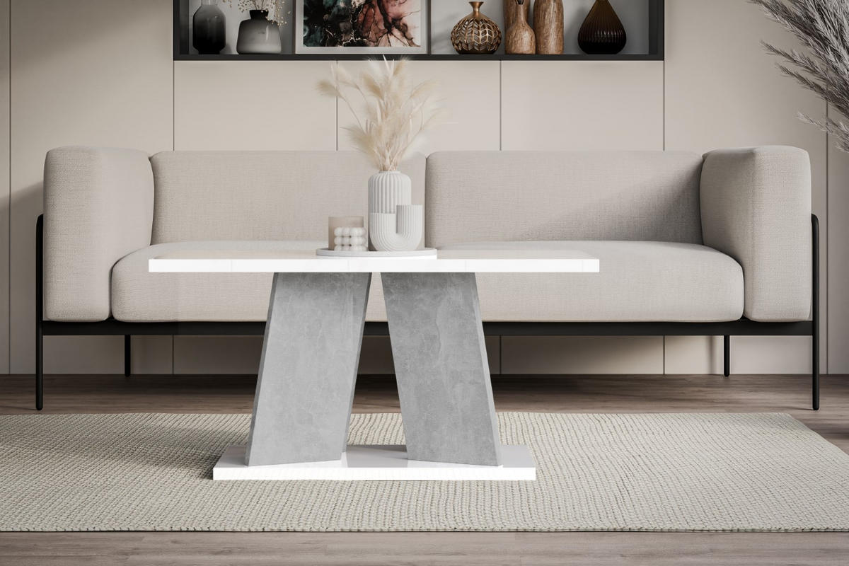 KAFFEETISCH 110x70x60 cm - Hochglanz Weiß / Betonoptik - UFOM - Weiß Hochglanz, Holzwerkstoff (110/70/60cm) - ALTDECOR