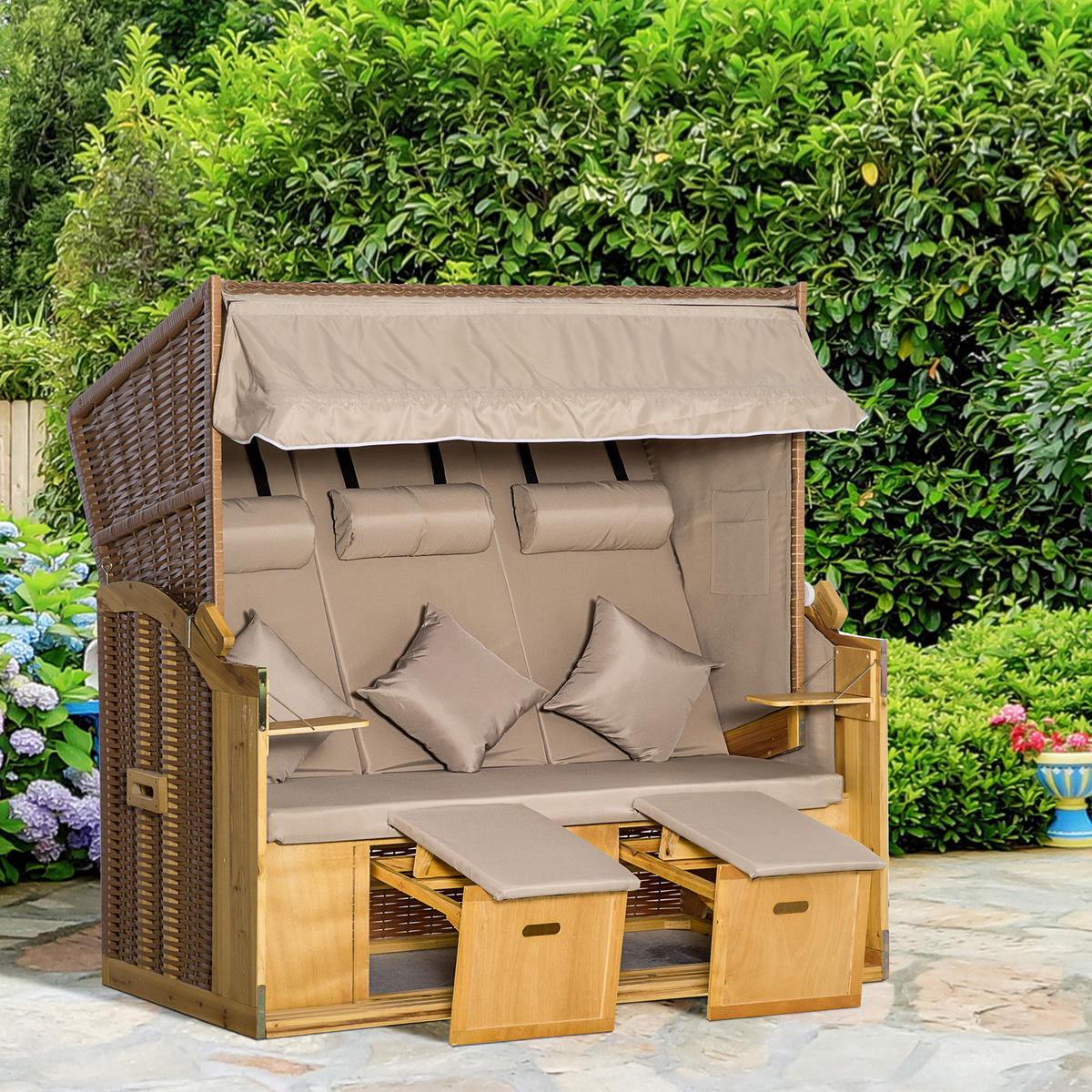 STRANDKORB, 3-Sitzer Sonnenliege mit Dach, 2 Klapptischen, XXL Polyrattan, Natur - Naturfarben, Metall (79/160/150cm) - Outsunny