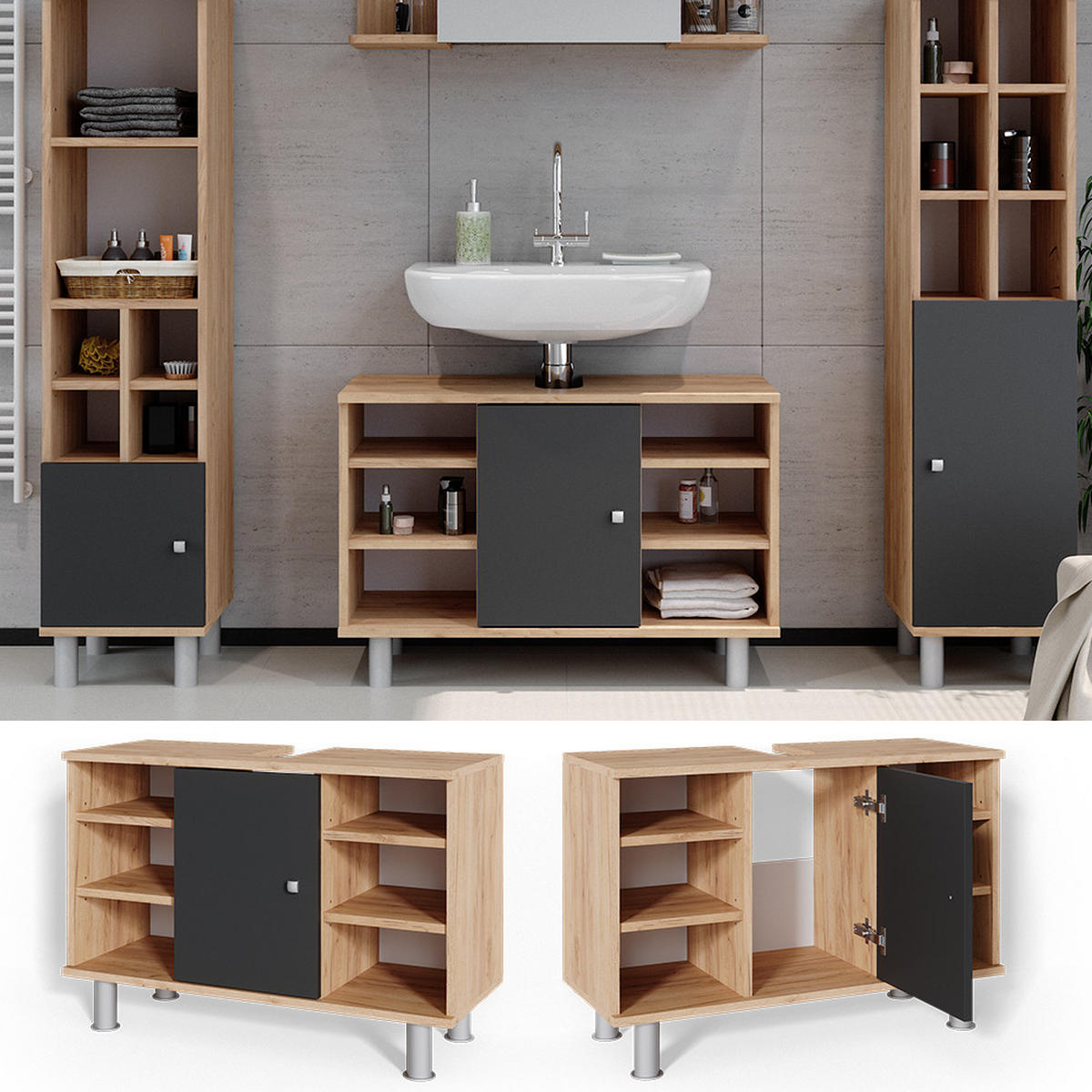 WASCHBECKENUNTERSCHRANK Fynn Anthrazit 80 x 54 cm - Anthrazit, Holzwerkstoff (80/54/32cm) - Vicco