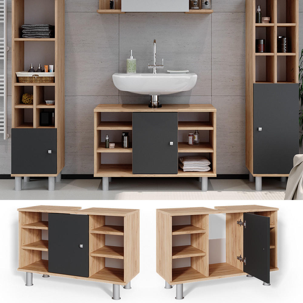 Thumbnail - Vicco Waschbeckenunterschrank, Anthrazit, Anthrazit, Holzwerkstoff, 7 Fächer, Rechteckig, 80x54x32 cm, Badezimmer, Badez...