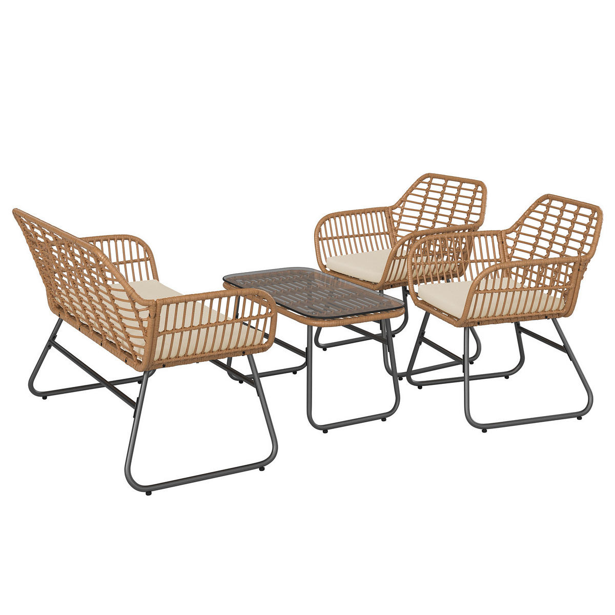 LOUNGESET - Polyrattan / Polyester - Braun / Beige - 4-teilig - Beige/Braun, Naturmaterialien/Glas - home24