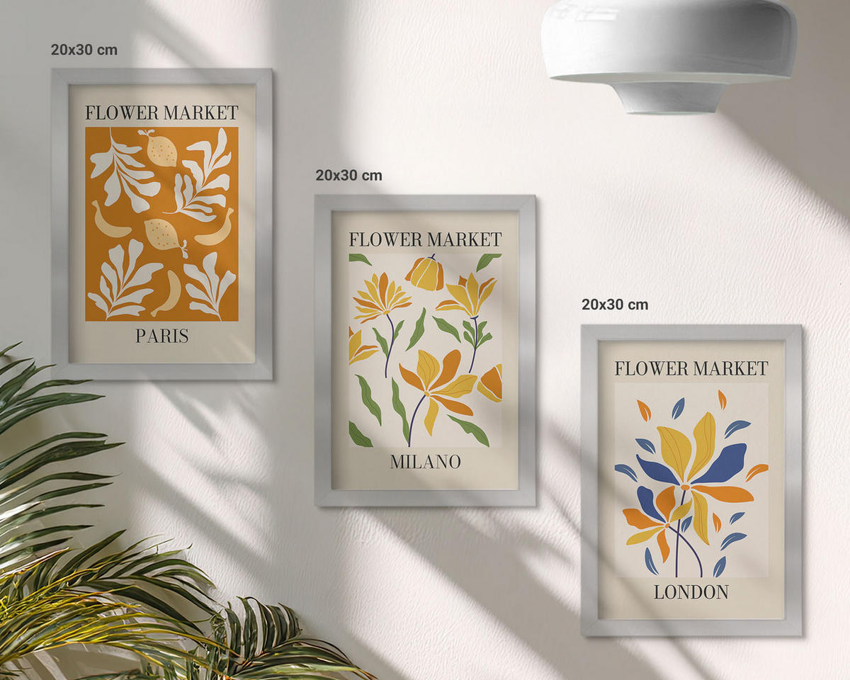 BILDER SET 3er Set - 20x30 cm Silberner Rahmen - Blumenposter Paris Mailand London - Silberfarben, Kunststoff (20/30cm) - TULUP