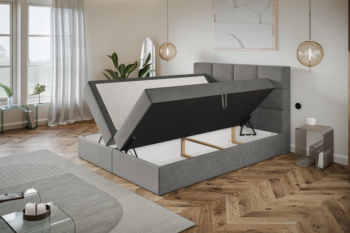 BOXBETT ROMA mit 2 Bettkästen, 180x200, Farbe: Grau, Velourstoff, Doppelbett mit Bonell-Matratze - Grau, Holz/Kunststoff (180/200cm) - Alpi-Möbel