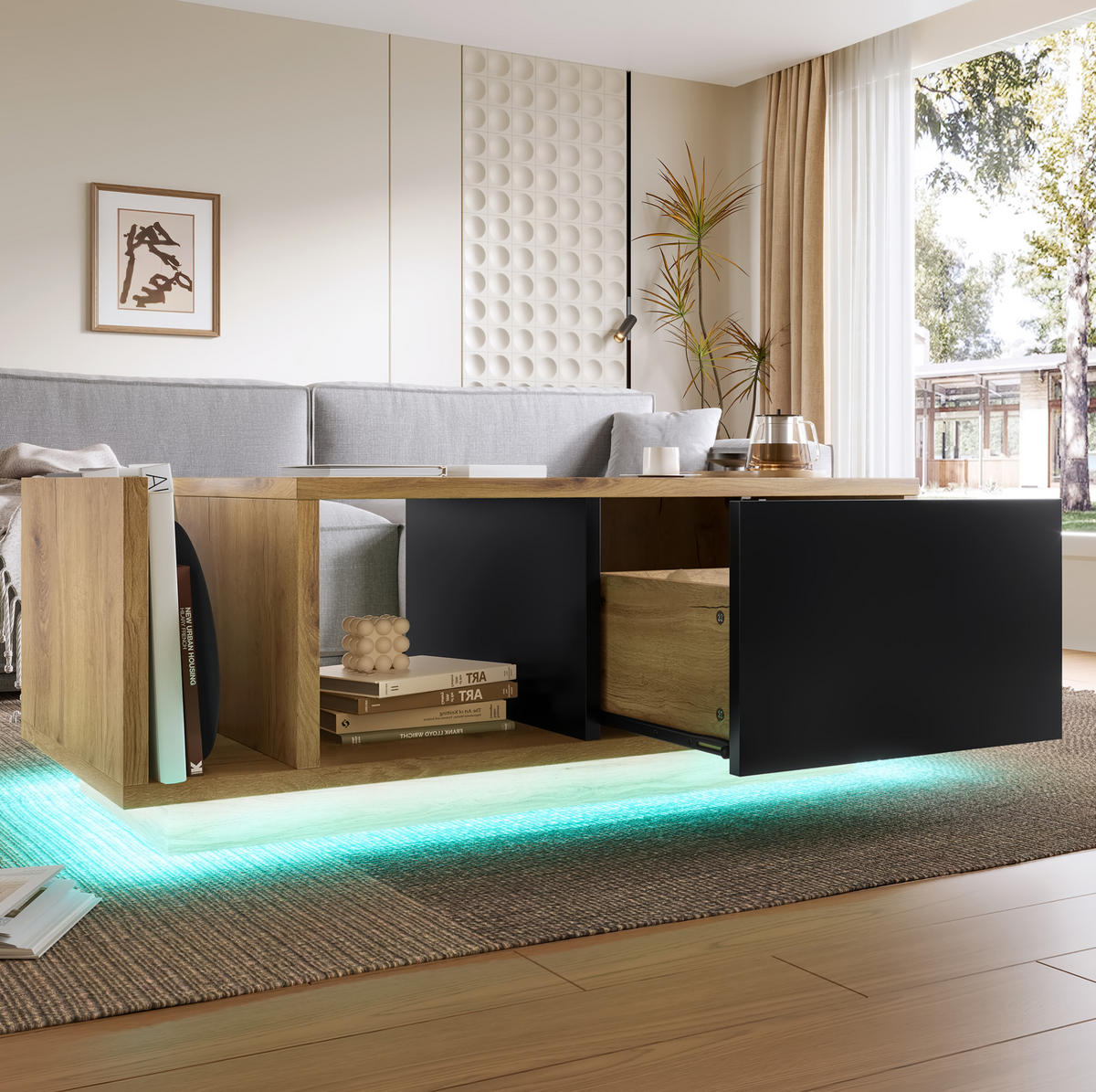 COUCHTISCH aus Holzwerkstoff 99,5x53x38 cm Natur mit LED-Beleuchtung, Schublade und offenem Fach - Naturfarben, Holzwerkstoff (99.5/53/38cm) - IVMEU