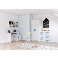 JUGENDZIMMER Elora in Weiß – 4-teiliges Set mit Schreibtisch, Kommode, Wandregal und Schrank – Grifffarbe Blau - Weiß, Holzwerkstoff (80/200/120cm)
