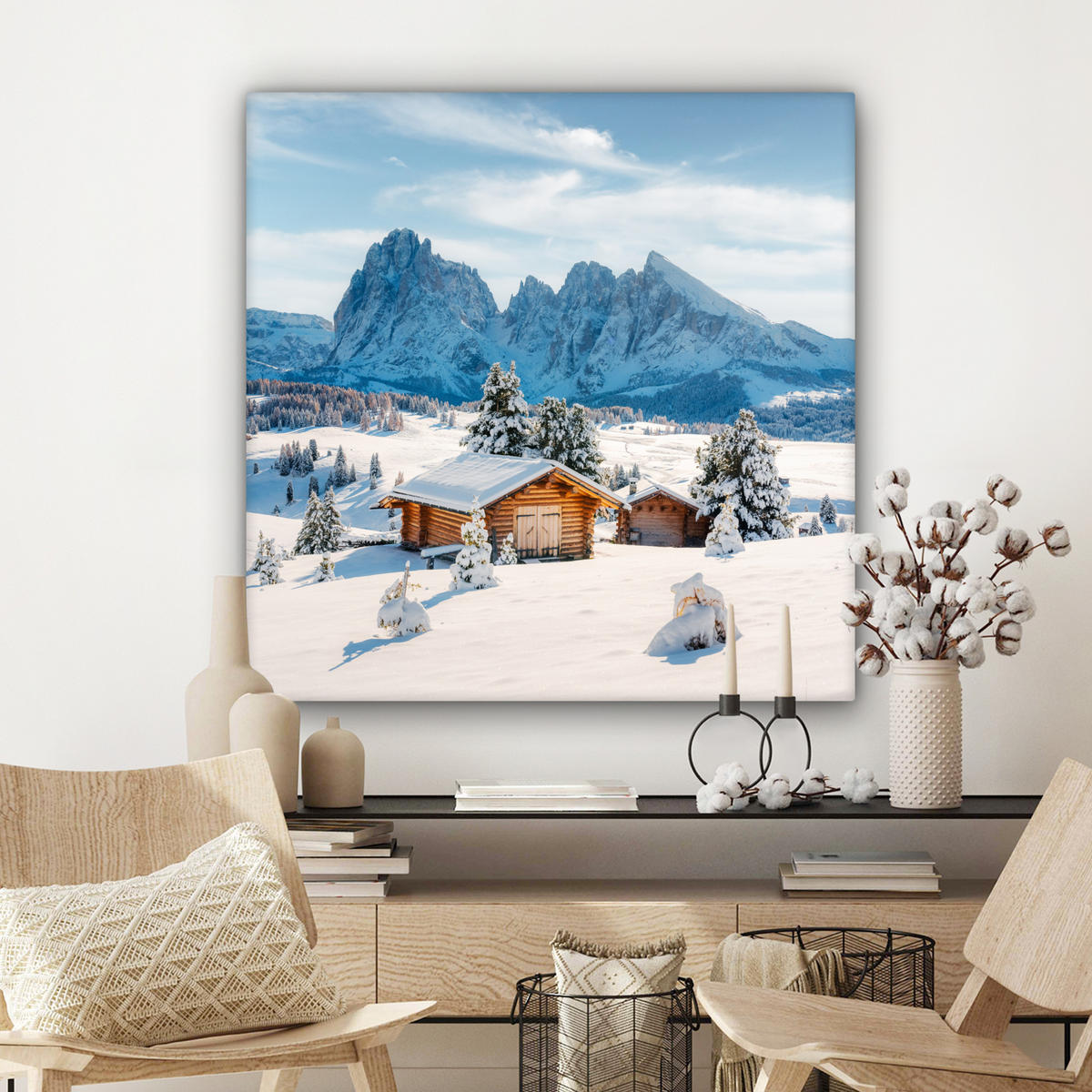 LEINWANDBILD Winter - Hütte - Berge - Aussicht - Schnee Deko Groß 90x90 cm - Eichefarben, Textil (90/90cm) - MuchoWow