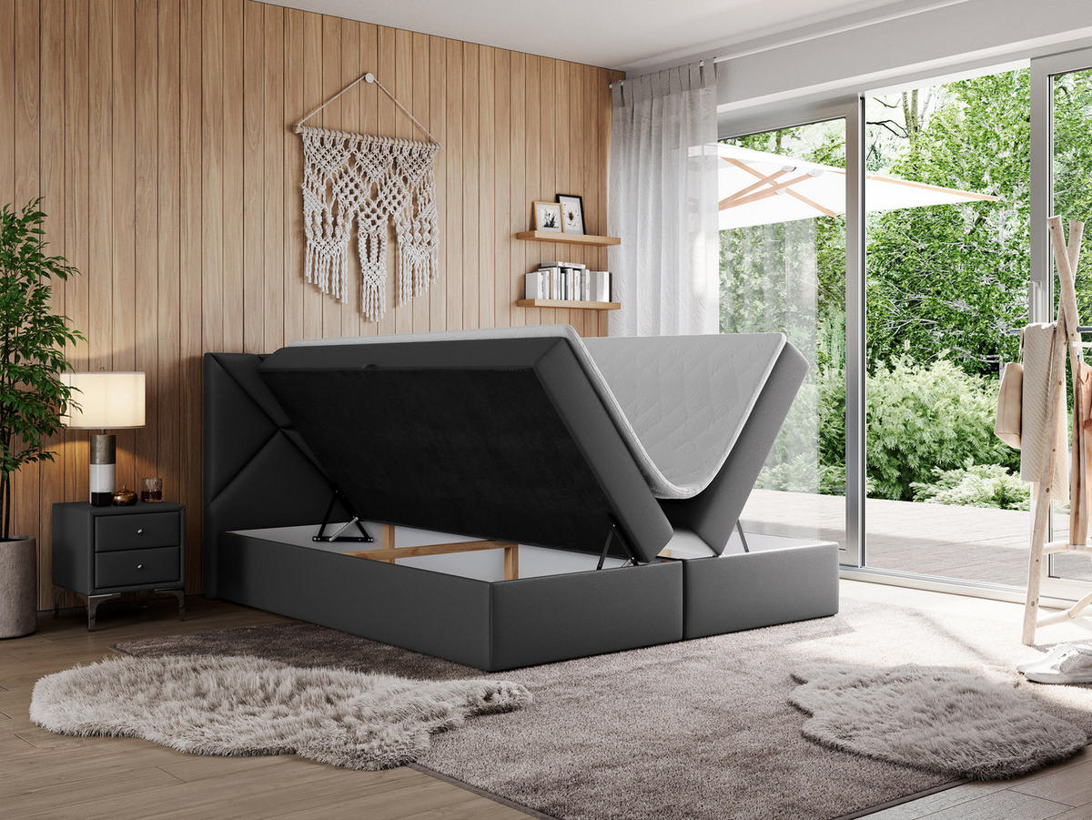 BOXBETT NEOMI 160/200 - Dunkelgrau Kunstleder - H4 - Visco - Dunkelgrau, Holz/Textil (160/200cm)