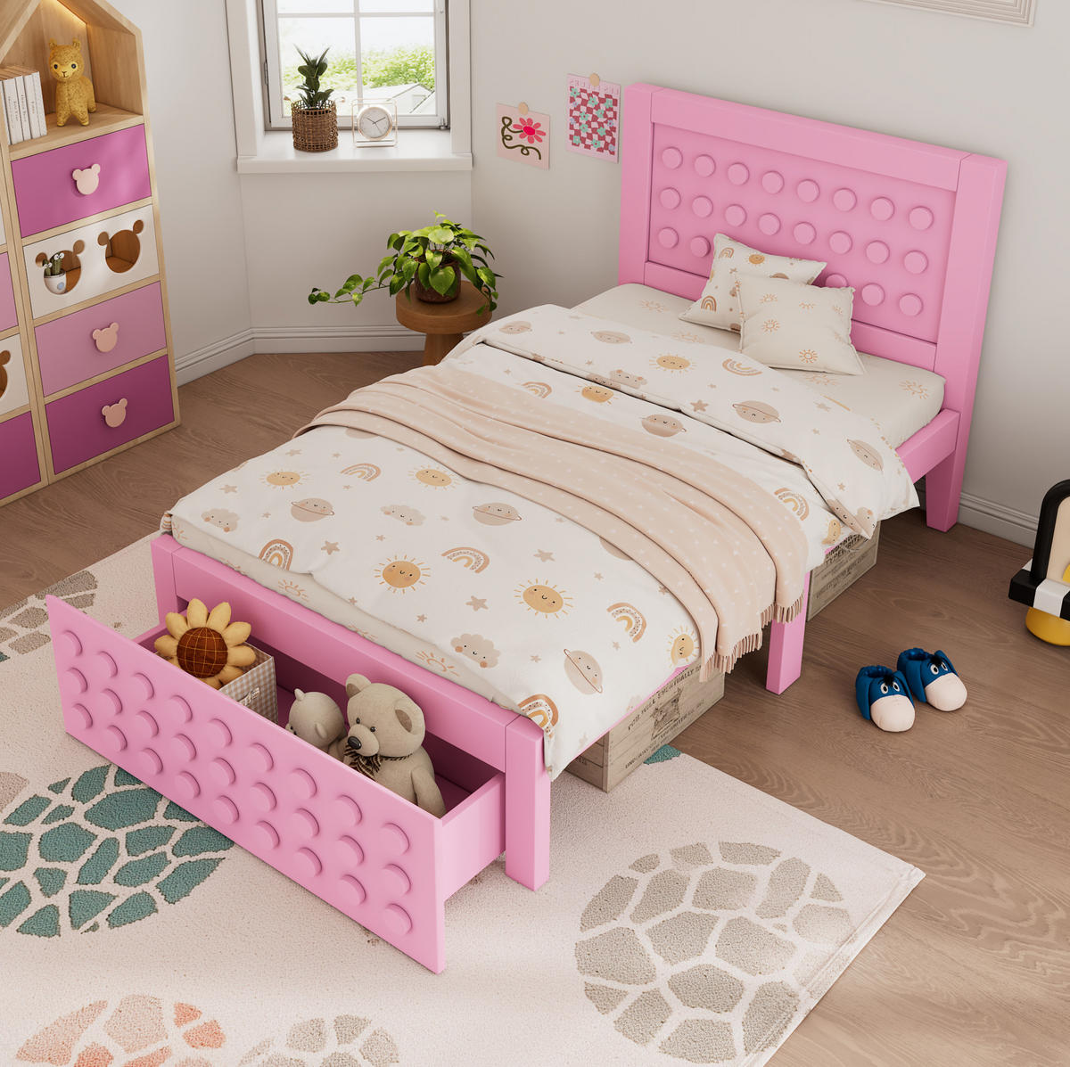 KINDERBETT 90/190 cm Rosa mit kreativem Blockdesign und Stauraum - Pink, Holzwerkstoff (90/190cm) - OKWISH