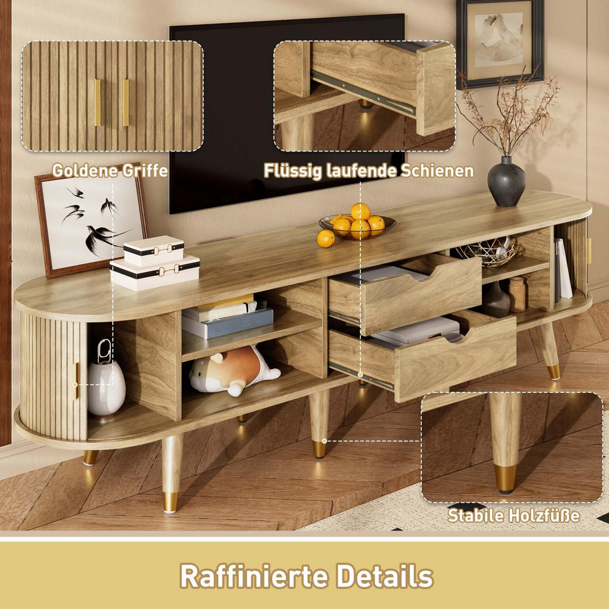 TV-SCHRANK mit Rattan-Schiebetür, Schubladen und offenen Fächern fürs Wohnzimmer - Naturfarben, Holz (175/45/38cm) - PARAFTA HOME
