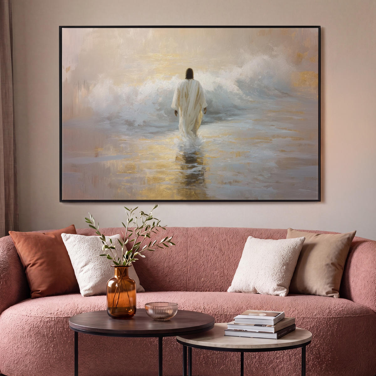 LEINWAND Bilder mit Rahmen - Gemälde - Welle - Jesus - Abstrakt - 140x90 - Goldfarben, Textil (140/90cm) - MuchoWow