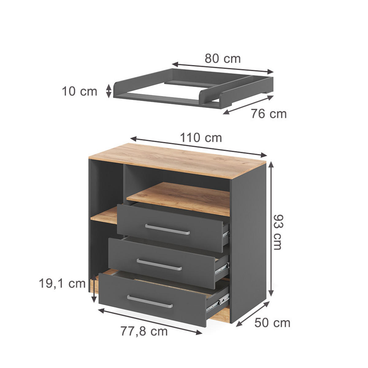 PREVIJALNA OMARA Olina, Antracit/Zlati hrast z močjo, 110 x 93 cm - medeni hrast/antracit, leseni material (110/93/50cm) - Vicco