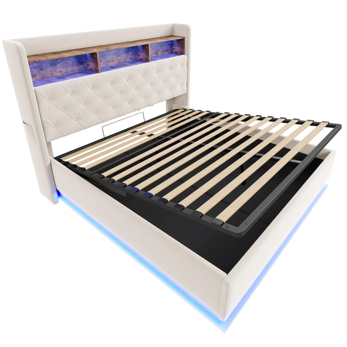 STAURRAUMBETT 180/200 cm DE-01961, in Beige, mit LED, USB und hydraulischem Stauraum - Beige, Metall (180/200cm) - ComfortXL