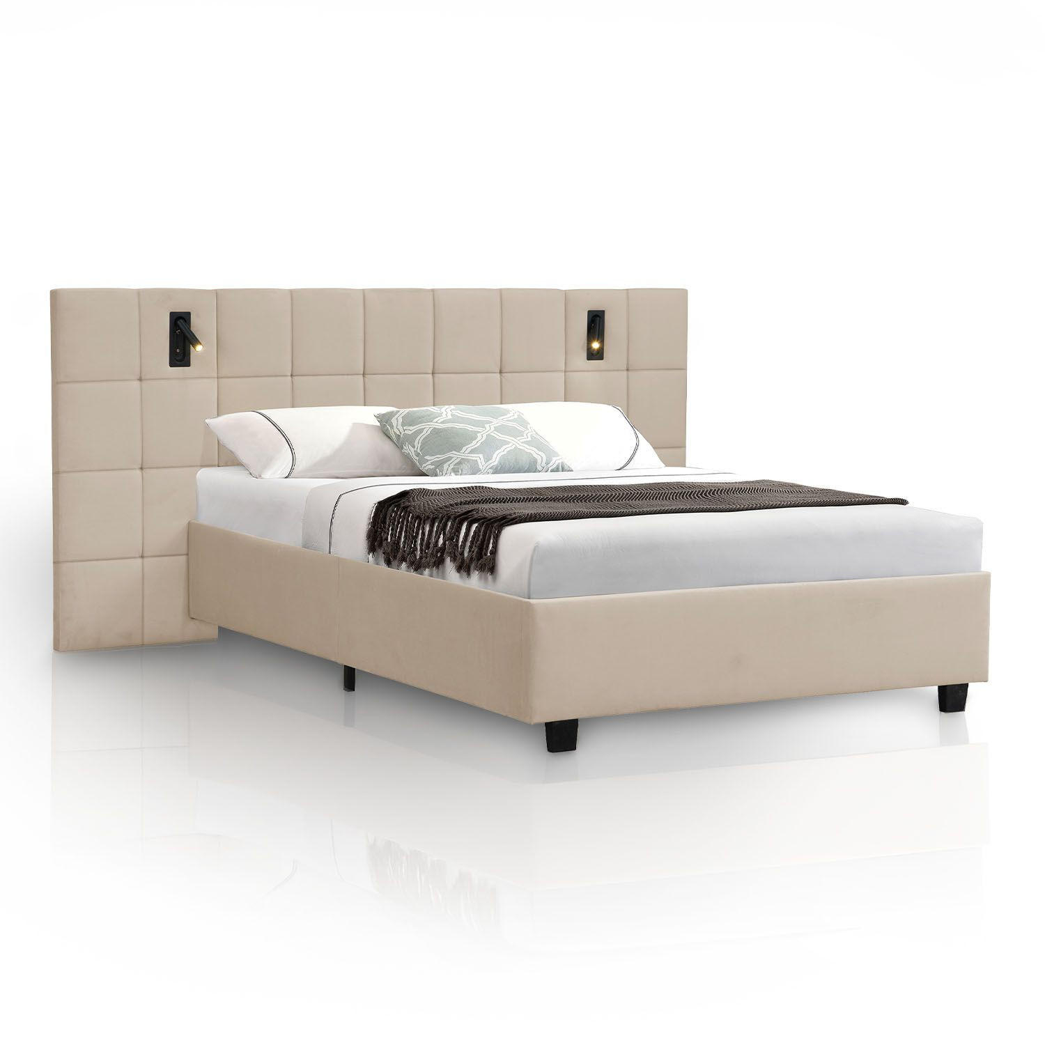 POLSTERBETT Luzano mit Leselicht Beige Samt - Beige, Holz (140/200cm) - Juskys