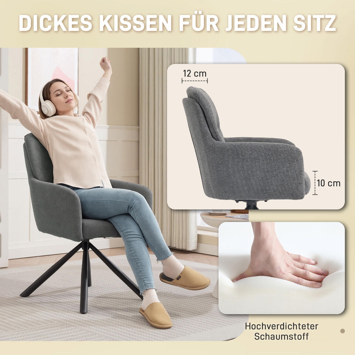 ESSZIMMERSTUHL 360° Drehbar Küchenstuhl mit Leinenbezug, Ergonomisch Grau - Schwarz/Grau, Textil/Metall (63/93/57cm) - HOMCOM