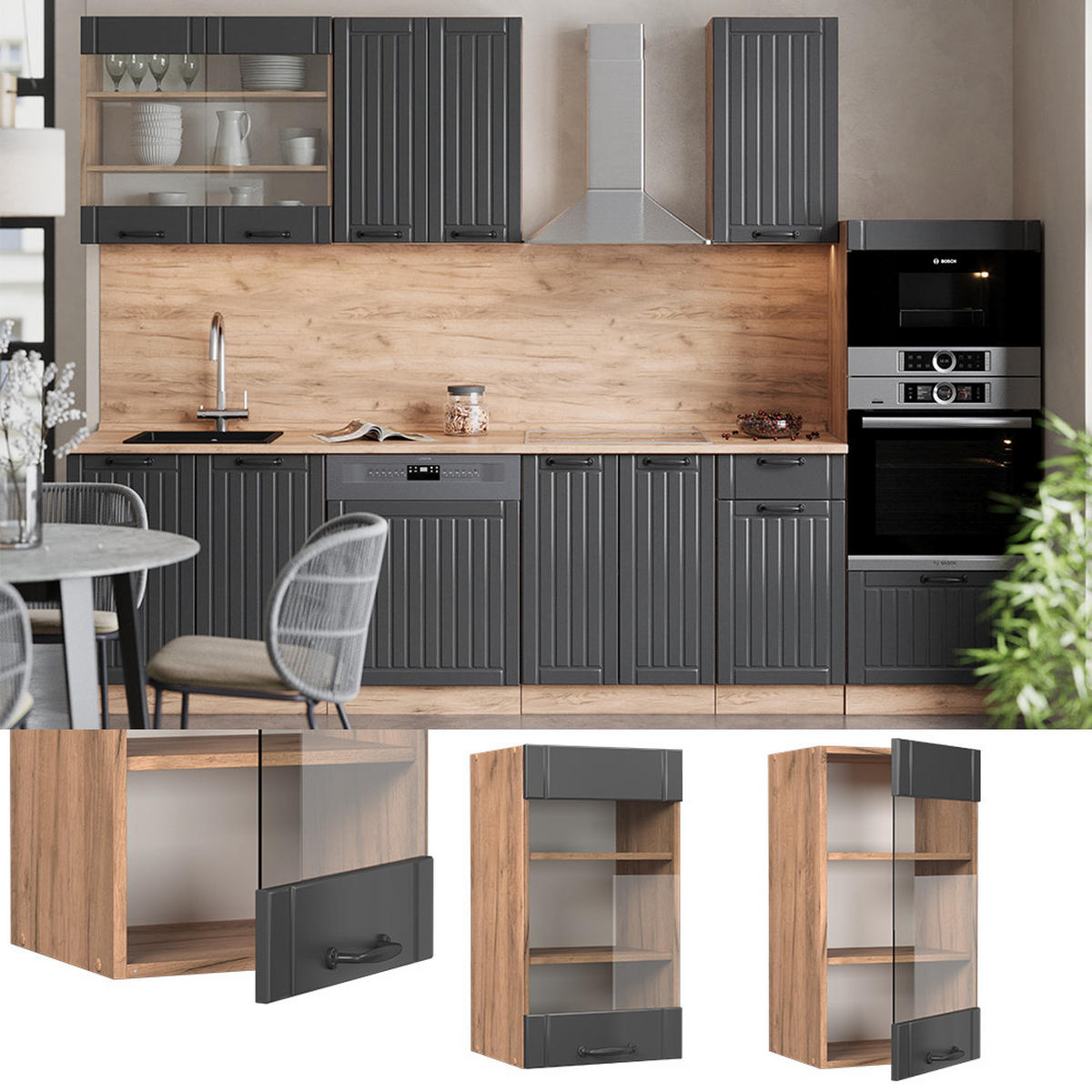 SKLENĚNÁ KUCHYŇSKÁ SKŘÍŇKA Fame-Line Tmavě šedá - medově dubová/tmavě šedá, kompozitní dřevo (40/72/34.1cm) - Vicco