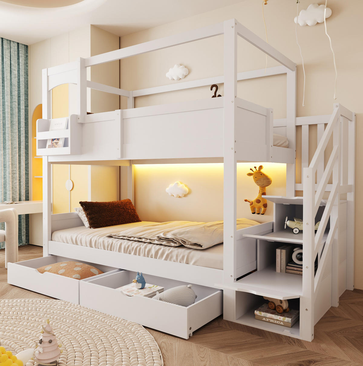 ETAGENBETT 90/200 cm aus Holz mit Schubladen, Weiß - Weiß, Holz (90/200cm) - OKMYHOME