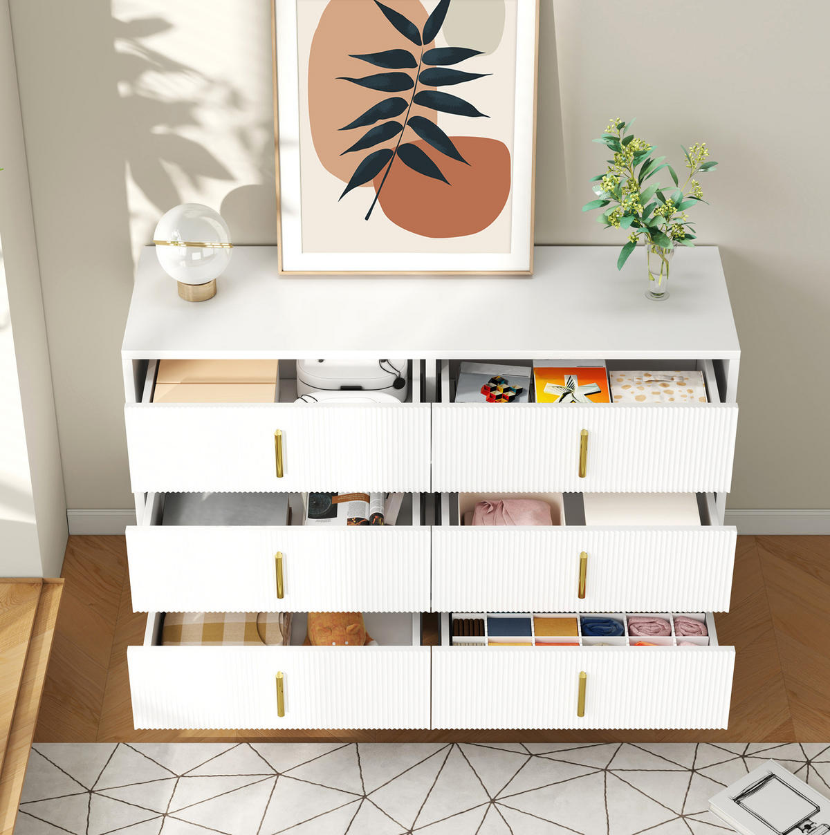 SIDEBOARD 120/77/40 cm Weiß/Gold aus Spanplatte mit 6 Schubladen - Weiß, Holzwerkstoff (40/77/120cm) - OKMYHOME
