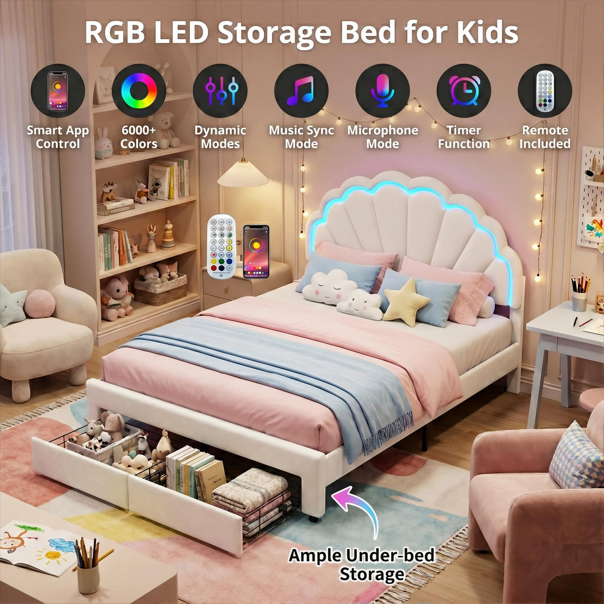 POLSTERBETT Modern mit RGB-LED & Metallschemel 140/200 cm Samt Weiß - Weiß, Textil (140/200cm) - Creahappy