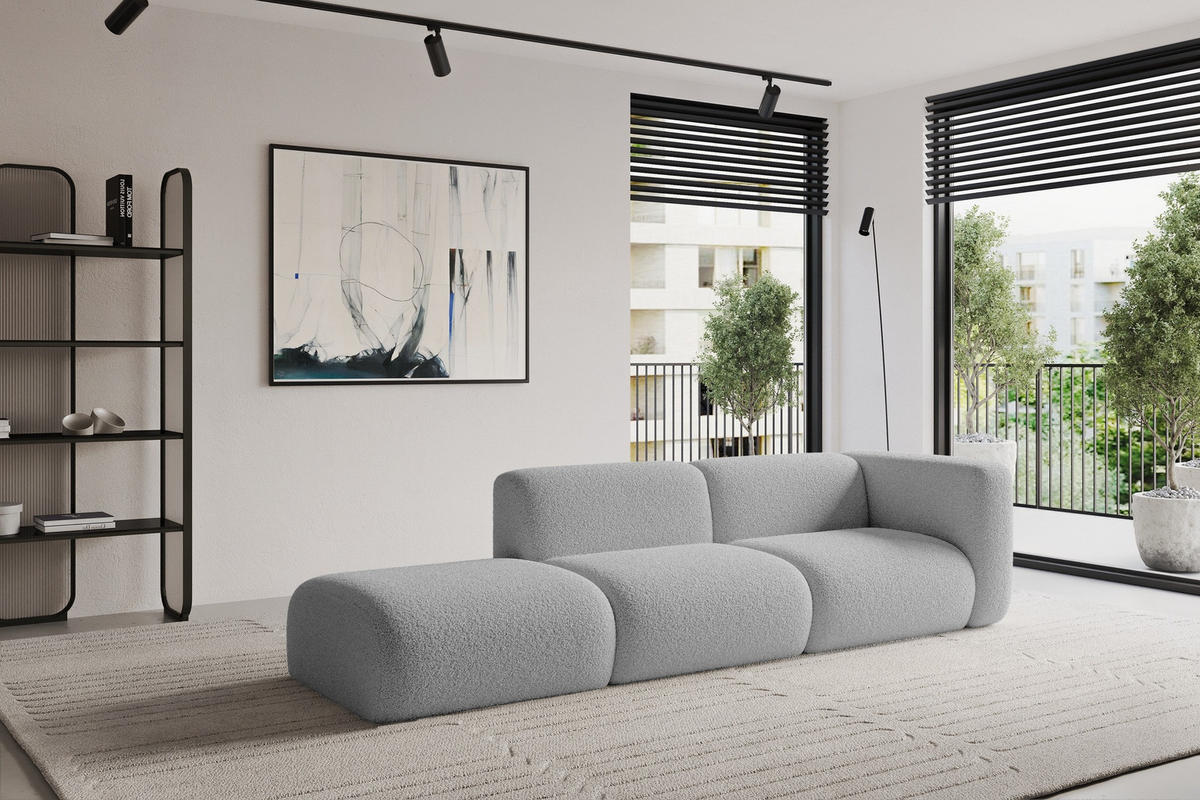 SOFA Ottomane Rechts MIRA-S3 296x89x70 Hellgrau Bouclé - Silberfarben/Hellgrau, Holzwerkstoff/Kunststoff (296/70/89cm) - ALTDECOR