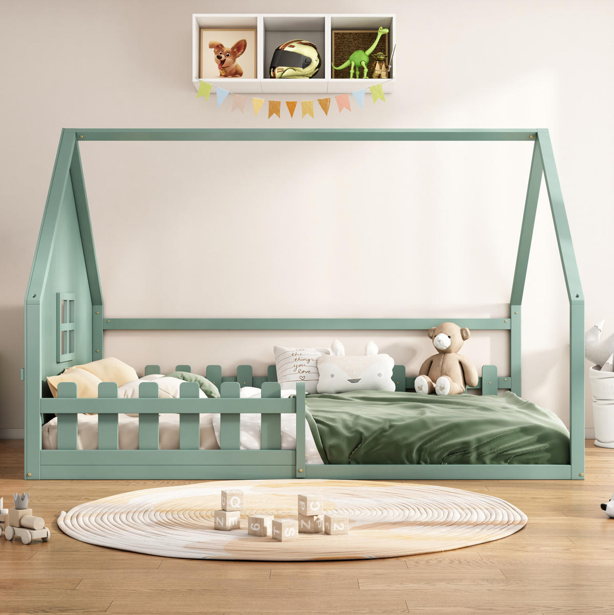 DJEČJI krevet 140/200 cm zeleni od borovine i MDF-a s kućastim okvirom i ogradom - zelena, drvo (140/200cm) - OKWISH