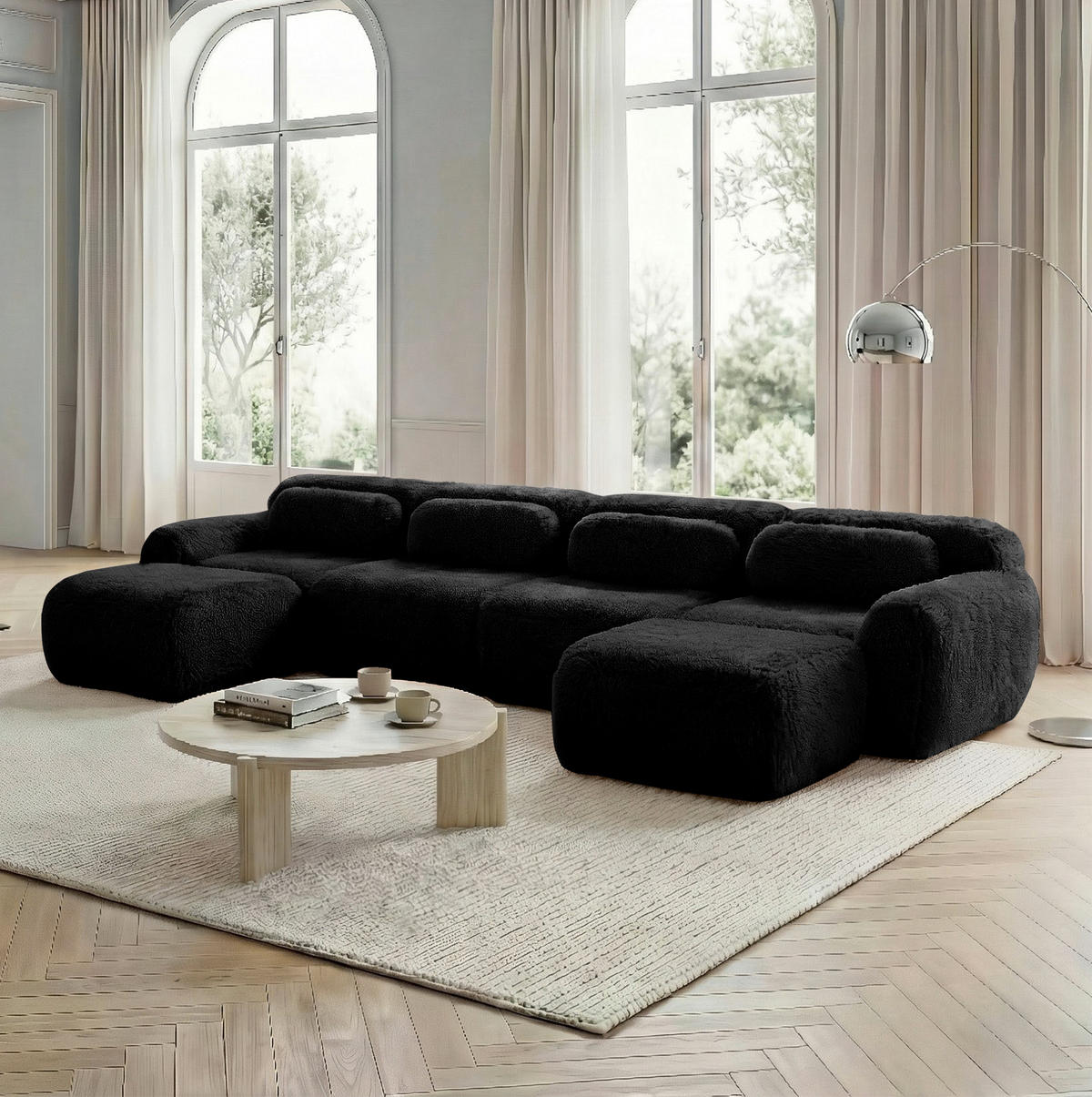 ECKSOFA 378/179/73 cm schwarz aus Plüsch frei kombinierbar ohne Montage - Schwarz, Textil (179/378cm) - OKWISH
