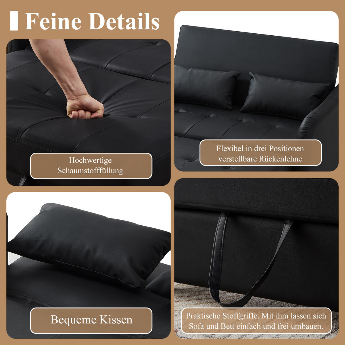 SCHLAFSOFA PU-Bezug wasserabweisend und ausziehbar Antikschwarz 122/83/82 cm - Schwarz, Kunststoff (83/82/122cm) - Redom