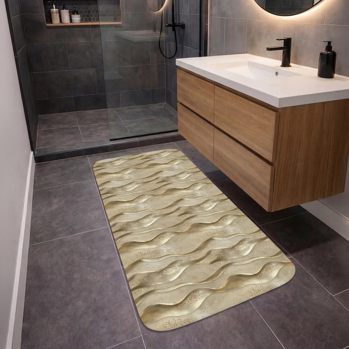 KOUPELNOVÁ PŘEDLOŽKA Vlny - vzor - zlaté 60x120 cm - barva mosazi, textil/plast (60/120cm)