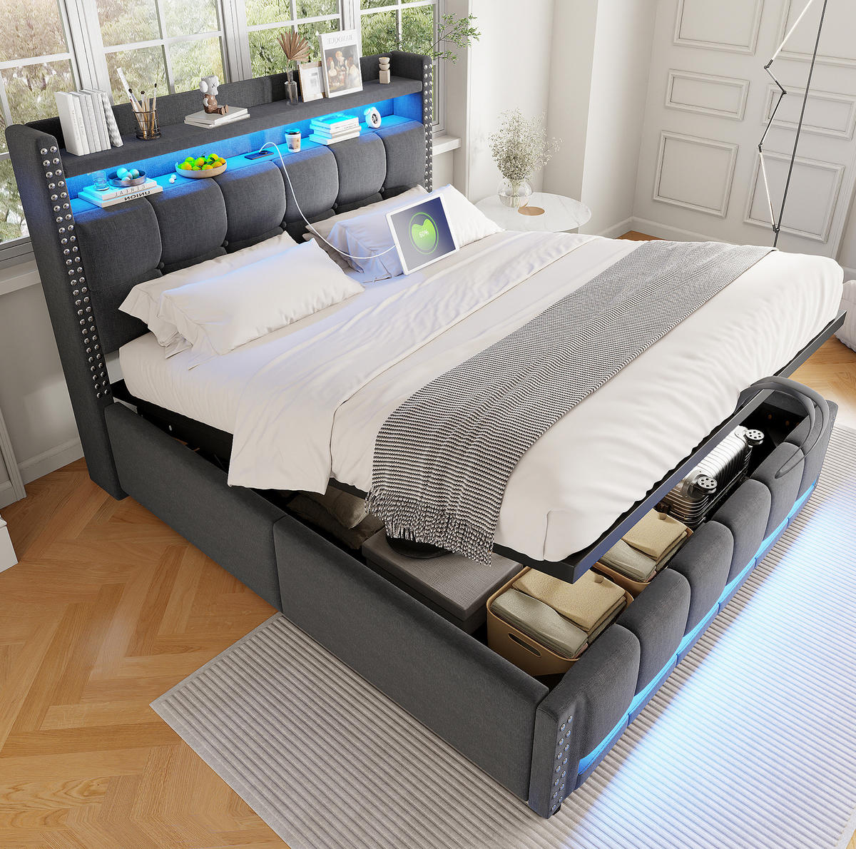 POLSTERBETT aus Leinenstoff 160x200 cm Grau mit LED-Beleuchtung, USB-Steckdose und Stauraum - Grau, Textil (160/200cm) - IVMEU