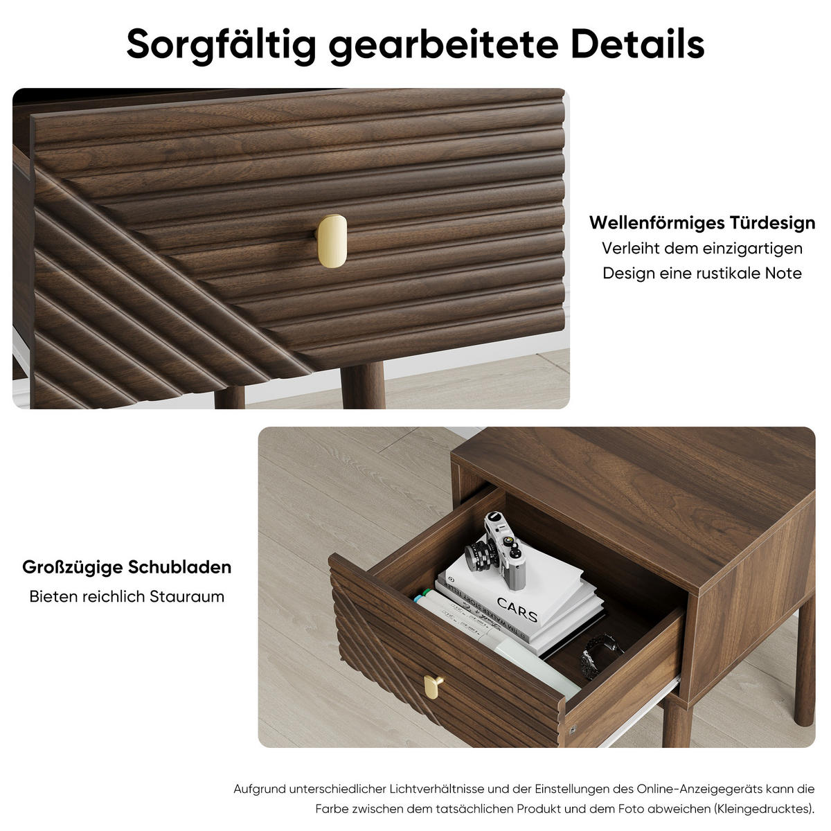 NACHTTISCH Set 2er Walnuss 40 cm – Mid Century Nachtkonsole mit Rillenfront & Goldgriff - Walnussfarben, Holzwerkstoff (40/55/40cm) - Urban Meuble