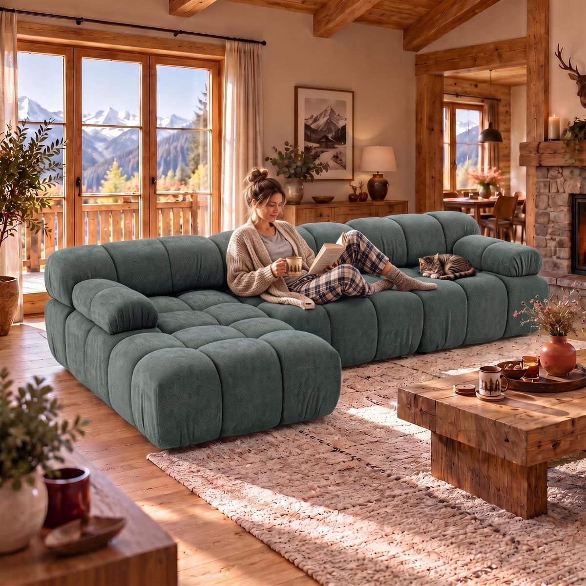 MODULARES Ecksofa MOMENTUM L, Links, Breite 282 cm, strukturierter Stoff, Blaugrau - Chromfarben/Blaugrau, Holz/Textil (282/155cm) - Muffo