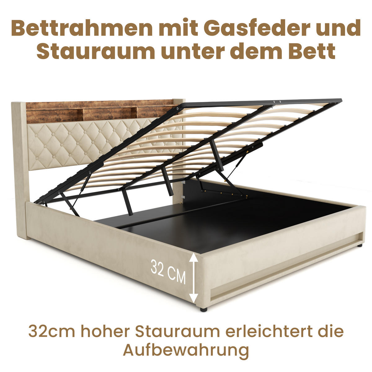 POLSTERBETT aus Samt 180x200 cm Beige mit Stauraum-Kopfteil und LED-Lichtleiste - Beige, Textil (180/200cm) - Modfu
