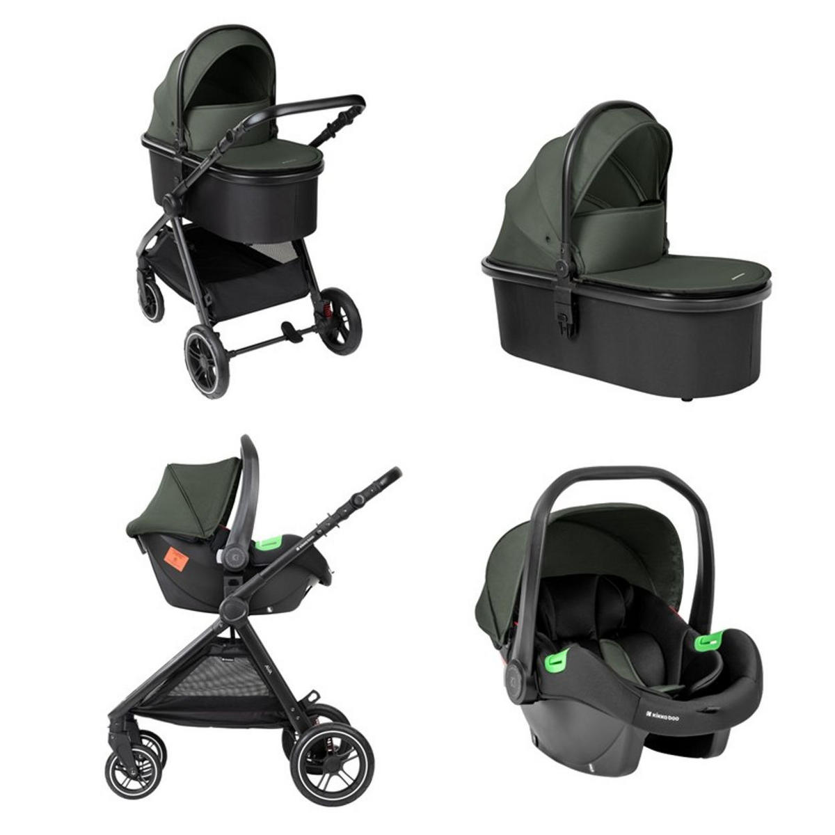 KOMBIKINDERWAGEN Ava 3 in 1 grün Babywanne, Babyschale, Gummiräder, Tasche - Grün, Metall (84/59/102cm) - Kikka boo