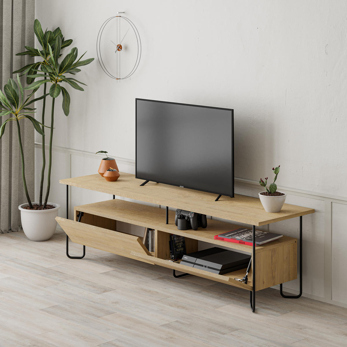TV-LOWBOARD Cornea Eiche 150/42/45 cm - Eichefarben/Schwarz, Holzwerkstoff/Metall (150/45/42cm) - Decortie