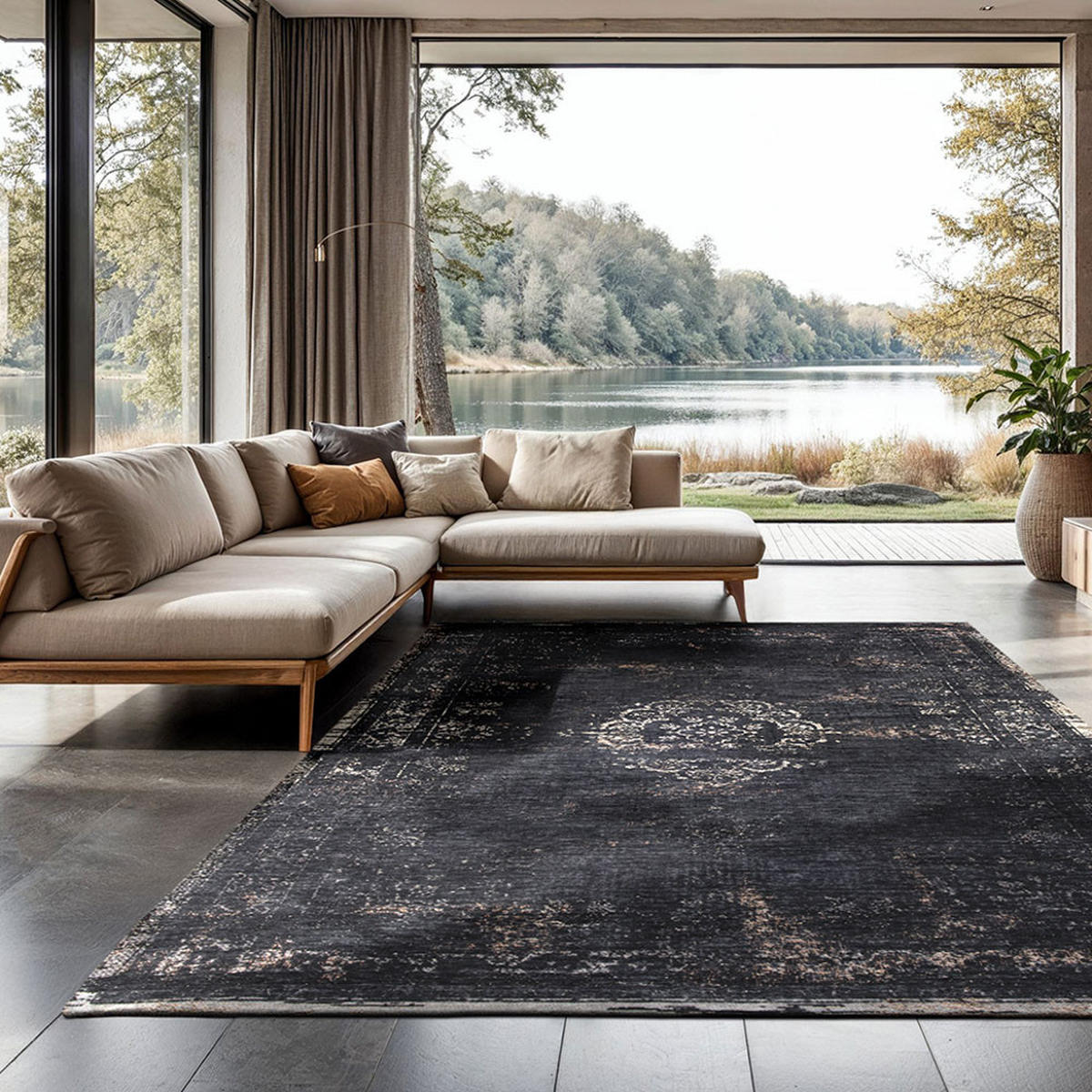 TEPPICH Mineral Black Fading World Medallion 200/280 cm - Schwarz, Textil (200/280cm) - Louis De Poortere