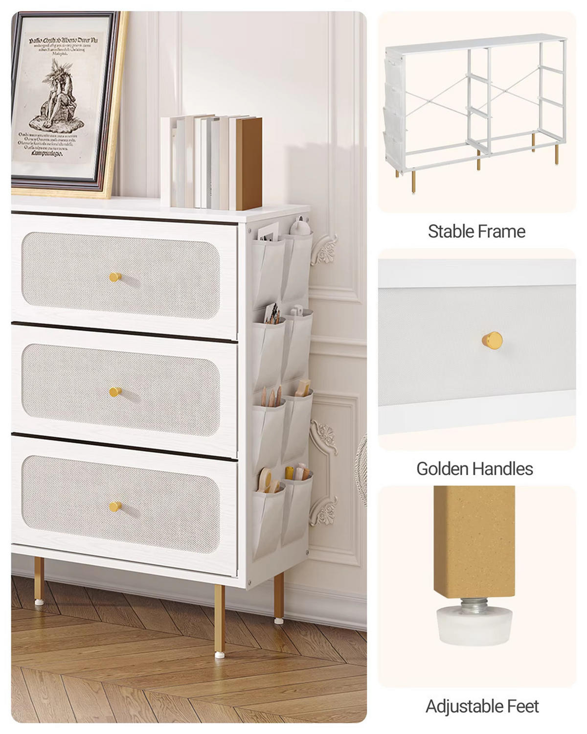 KOMMODE 6 Stoffschubladen Sideboard Metallrahmen 110/98/30 cm, Weiß - Weiß, Textil (110/98/30cm) - Coonoor