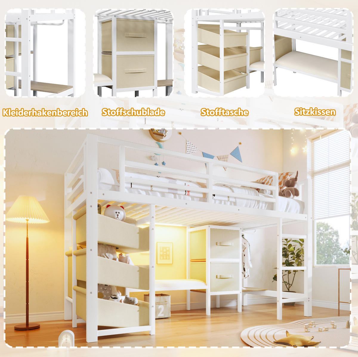 HOCHBETT 90/200 cm in Weiß – aus Metall mit Stauraum und LED-Beleuchtung - Weiß, Metall (90/200cm) - BEAOK