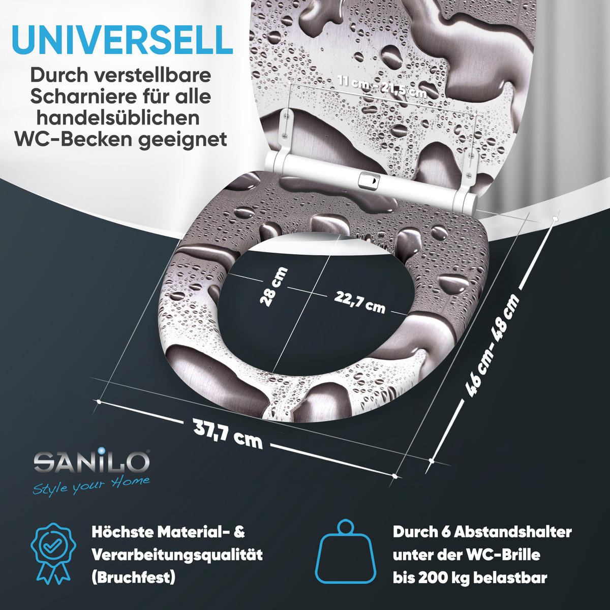 WC-SITZ mit Absenkautomatik & Top Fix Dewdrop - Grau, Holzwerkstoff (37.7/5.5/48cm) - Sanilo