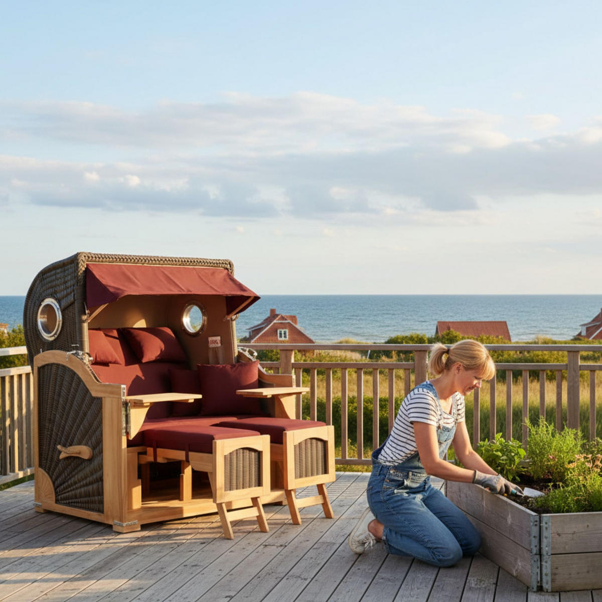 STRANDKORB Düne Grande Bullauge Teak PE Grey Dessin 550 - Rot/Braun, Metall (142/170/95cm) - Mr. Deko