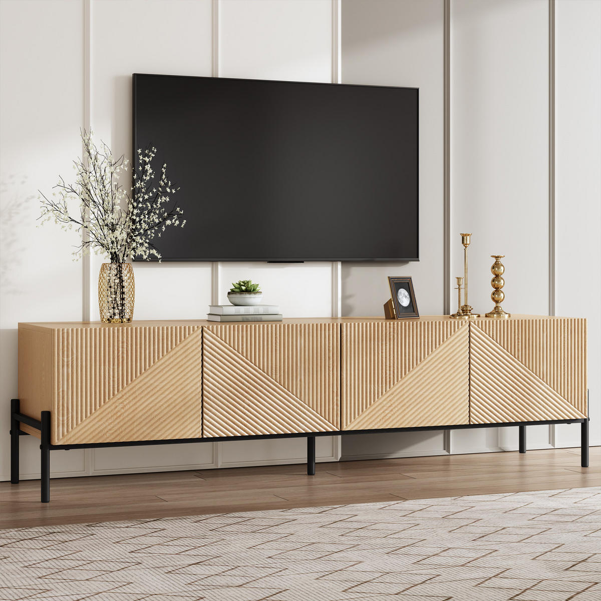 TV-LOWBOARD 163,5 x 40 x 45 cm, 4 Türen, 3D-Front, Metallfüße, modernes Design, Natur - Naturfarben, Holzwerkstoff (163/45/40cm)