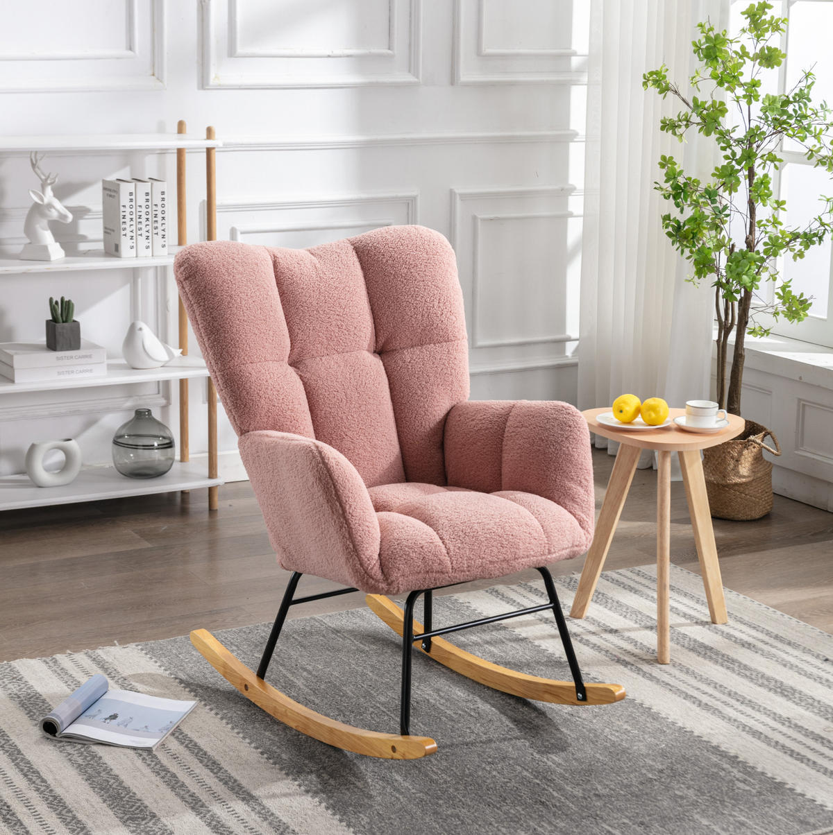SCHAUKELSTUHL 70/80/95 cm mit Teddybezug und hoher Rückenlehne in Rosa - Rosa, Textil (70/95/80cm) - BEAOK