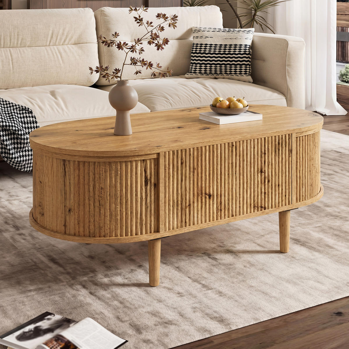 KONFERENČNÍSTOLEK Oválný Vlnitý Zvedací Úložný - barva dubu, kompozitní dřevo (100/48/54.5cm) - FLIEKS