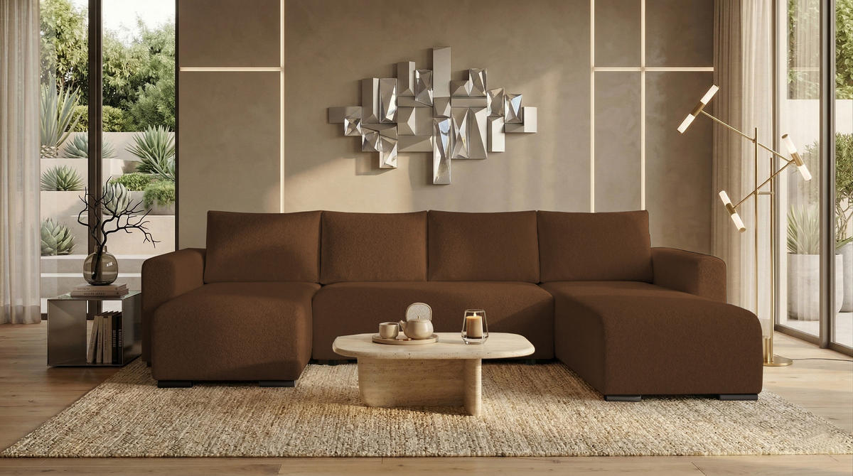 WOHNLANDSCHAFT DORA U mit Bettkasten und Schlaffunktion, U-Form, bequem - Braun, Textil (305/85/140cm) - Storez24