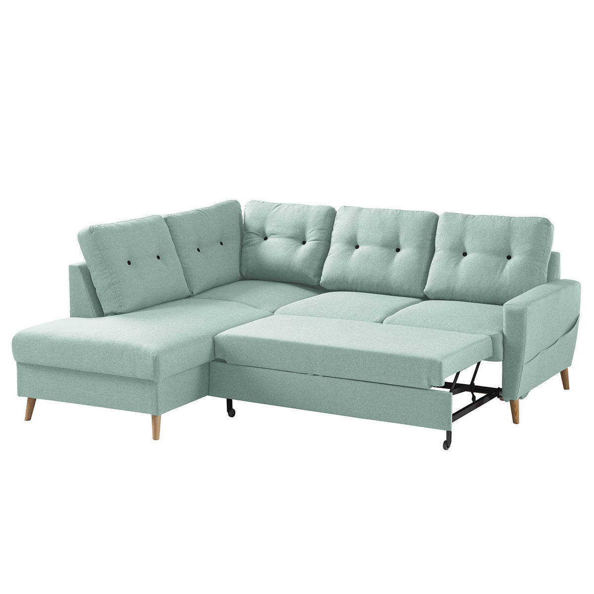 ECKSOFA mit Ottomane - Webstoff - Hellbraun/Mintgrün, Holz/Textil (230/200cm) - home24
